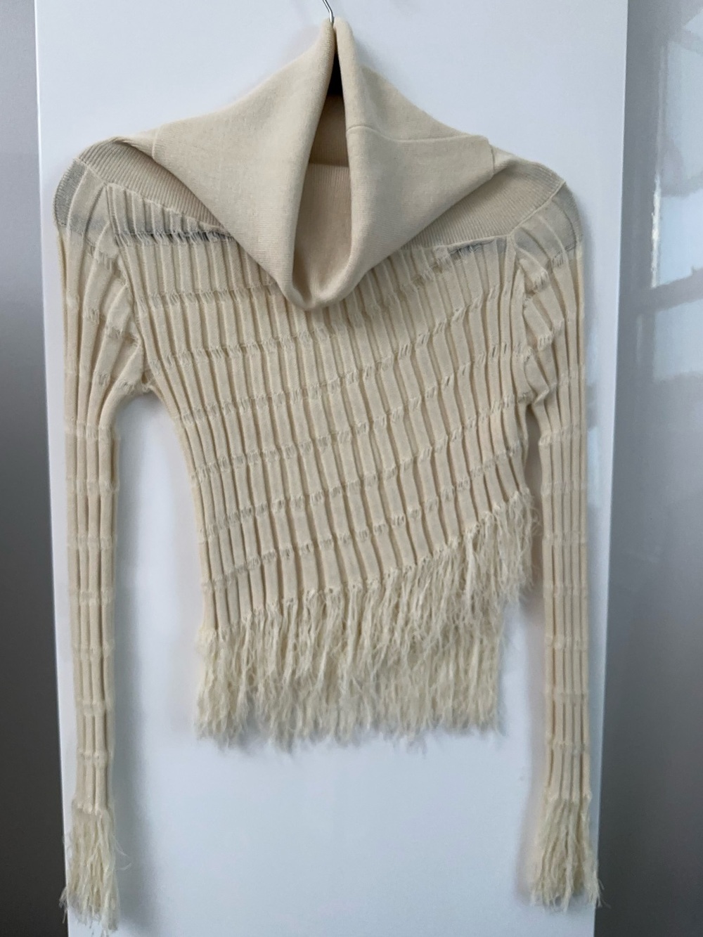 Women’s Sweater Ivory Deconstructed Fringe Rib off shoulder funnel neck